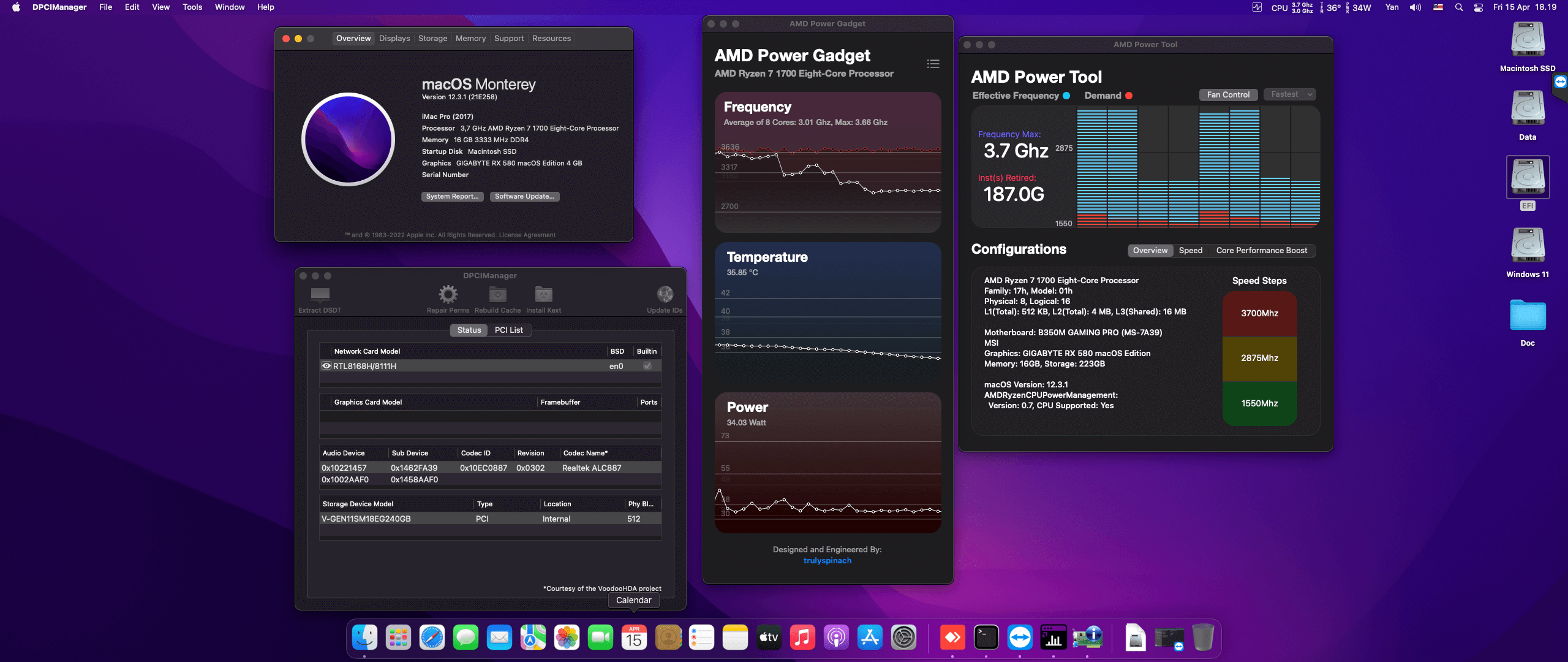 Success Hackintosh macOS Monterey 12.3.1 Build 21E258 in MSI B350M Gaming Pro + AMD Ryzen 7 1700 + Gigabyte RX 580